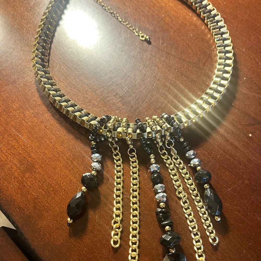 Black & Gold Chunky Chain Statement Necklace / Fringe Bib - Picture 2 of 9